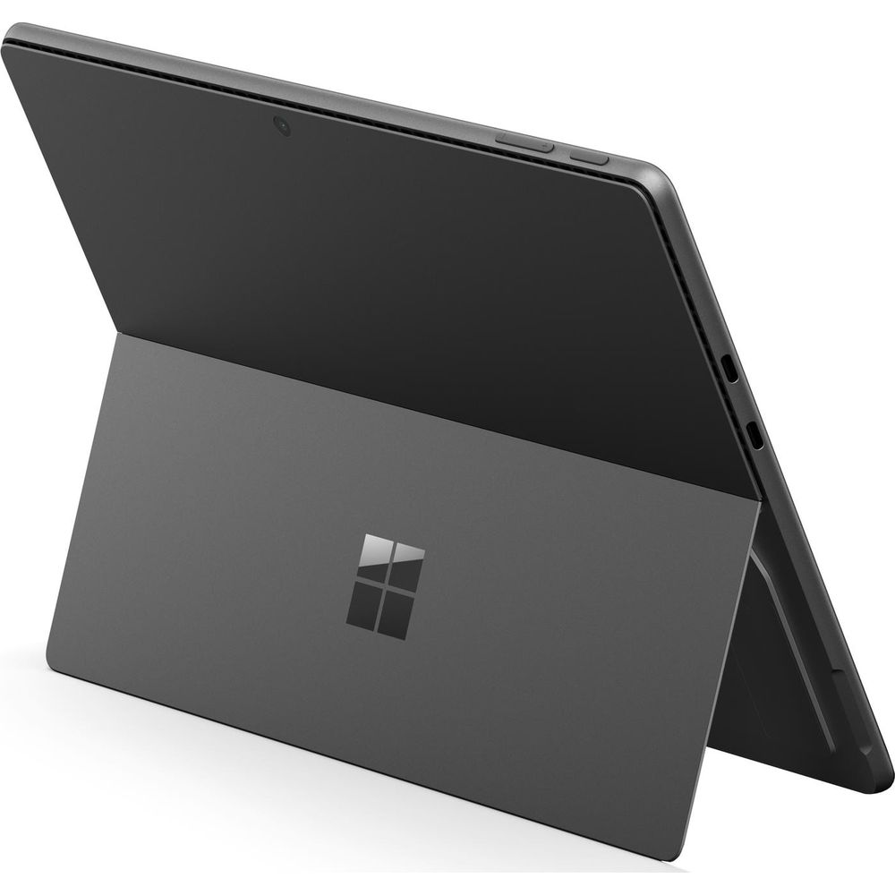 Ciemny laptop z rozłożoną podstawką, widoczne logo Windows.