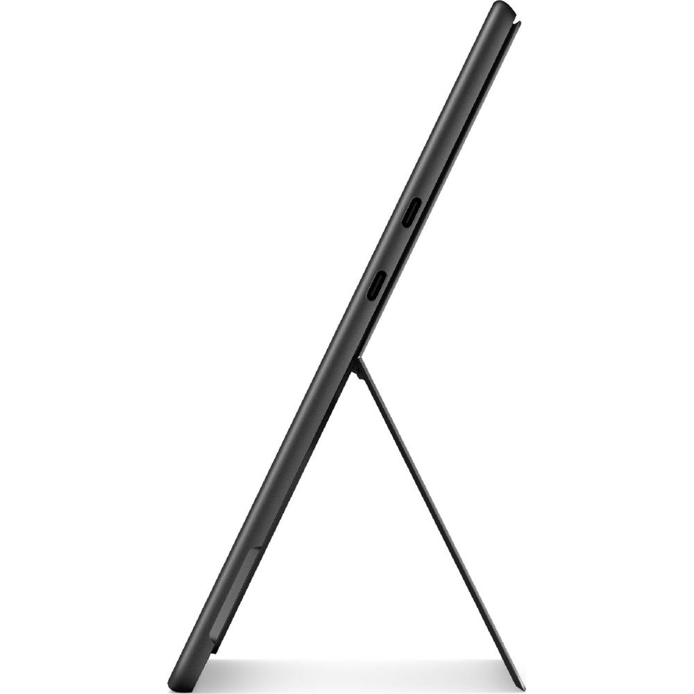 Czarny tablet z wysuniętą podstawką, widok z profilu na białym tle.