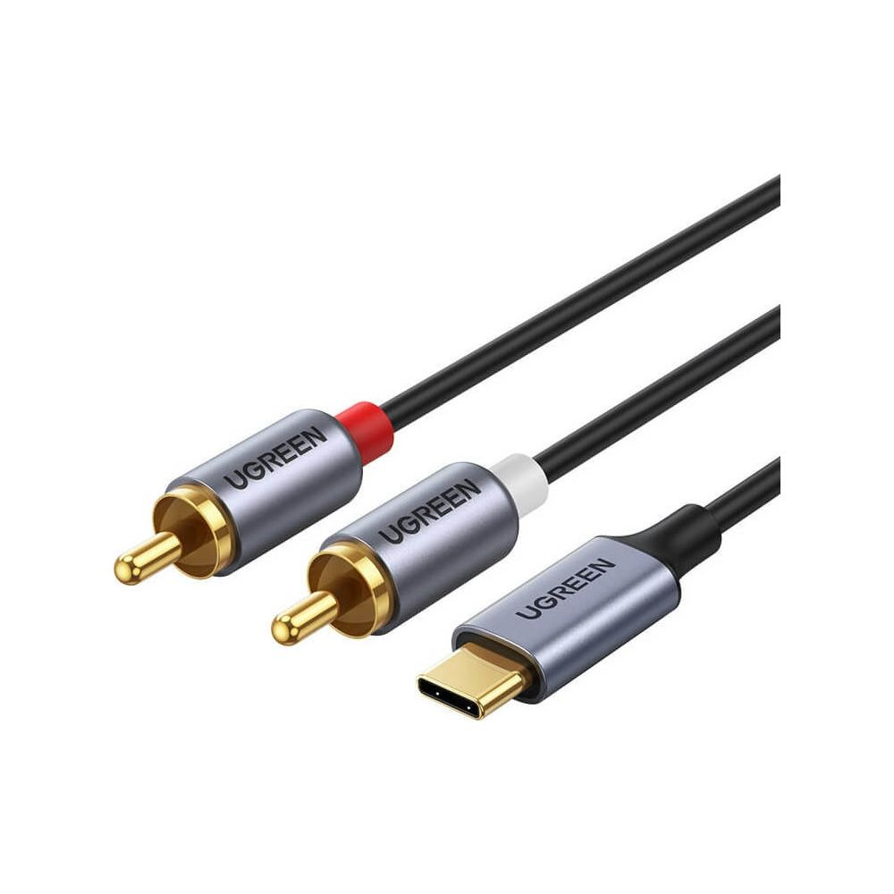 Trzy kable UGREEN ze złączami RCA i USB-C na białym tle.