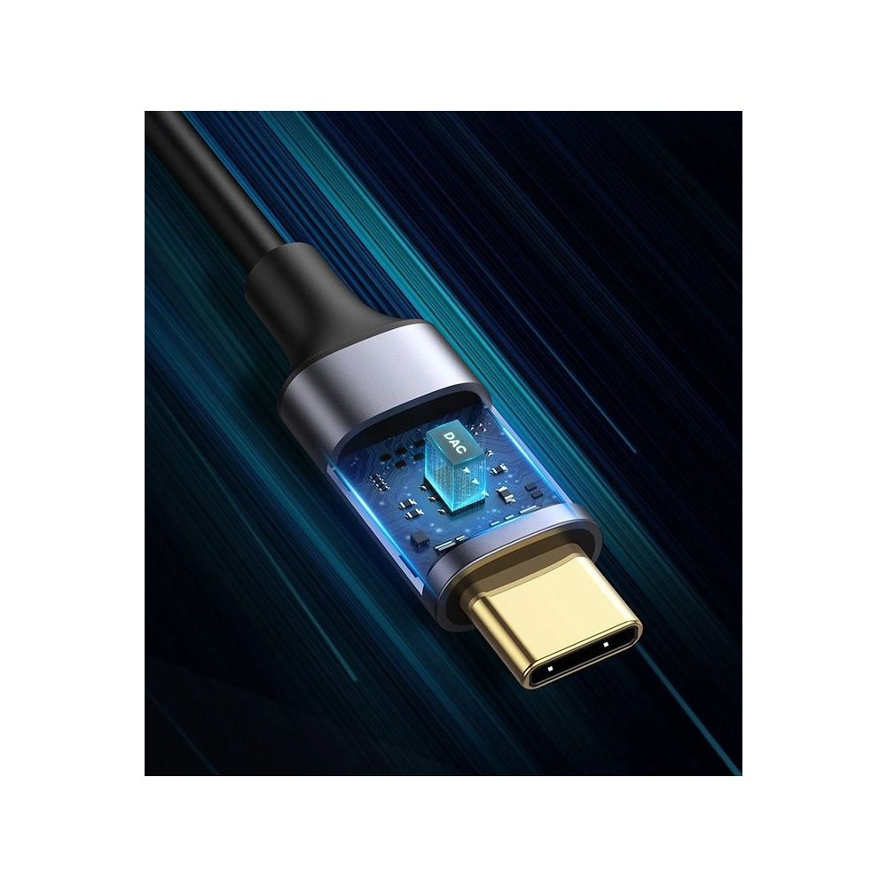 Kabel USB-C z widocznym układem DAC i złotą wtyczką.