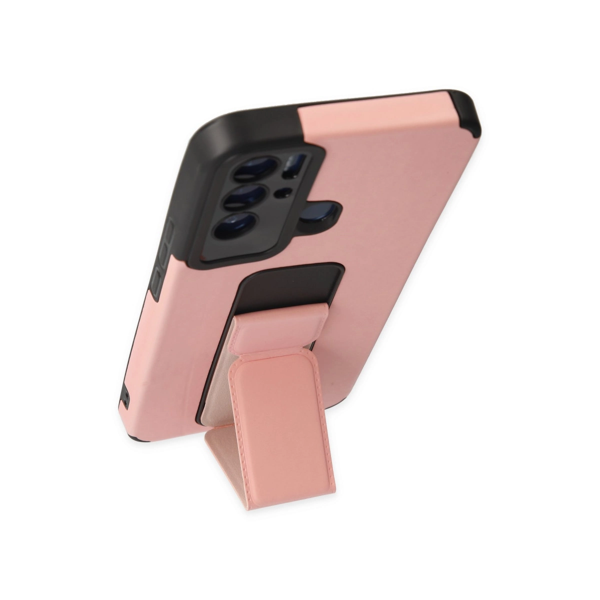 Siyah kenarlı, kameralı ve stantlı pembe telefon kılıfı.