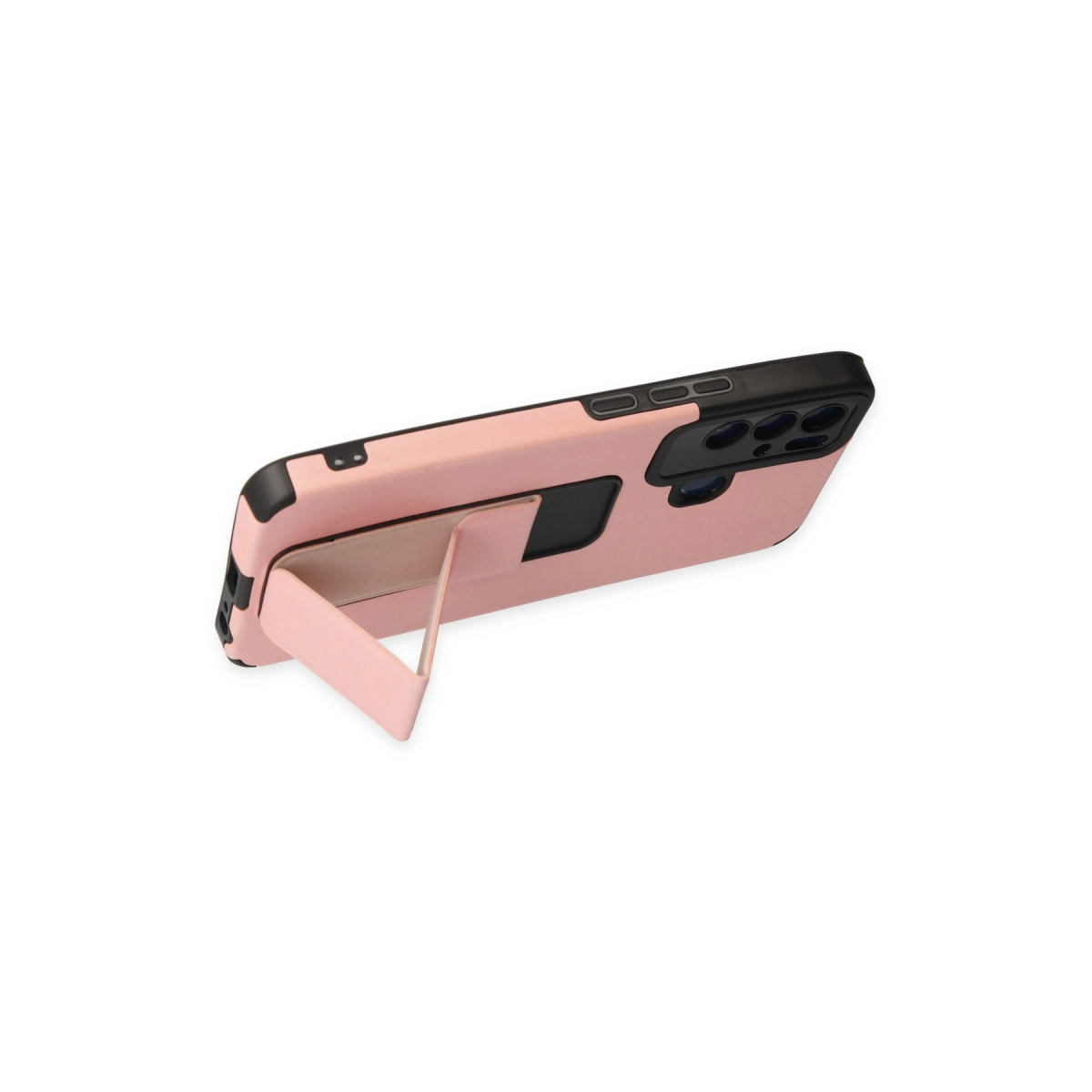 Entegre stantlı pembe bir telefon, beyaz bir yüzeyde yatıyor.