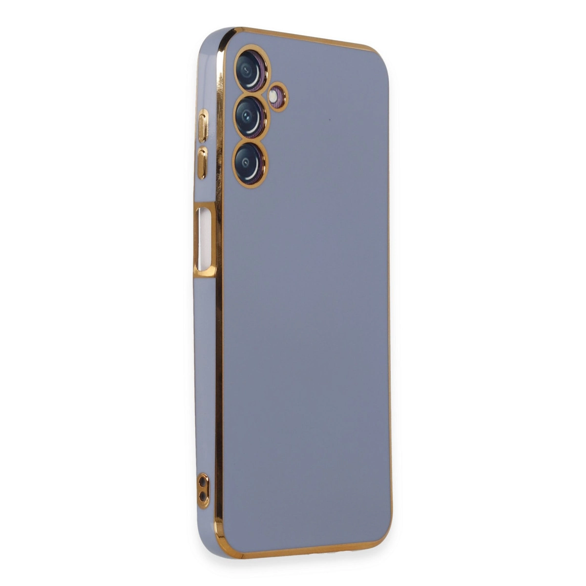 Altın kenarlı ve kamera modüllü gri telefon kılıfı.