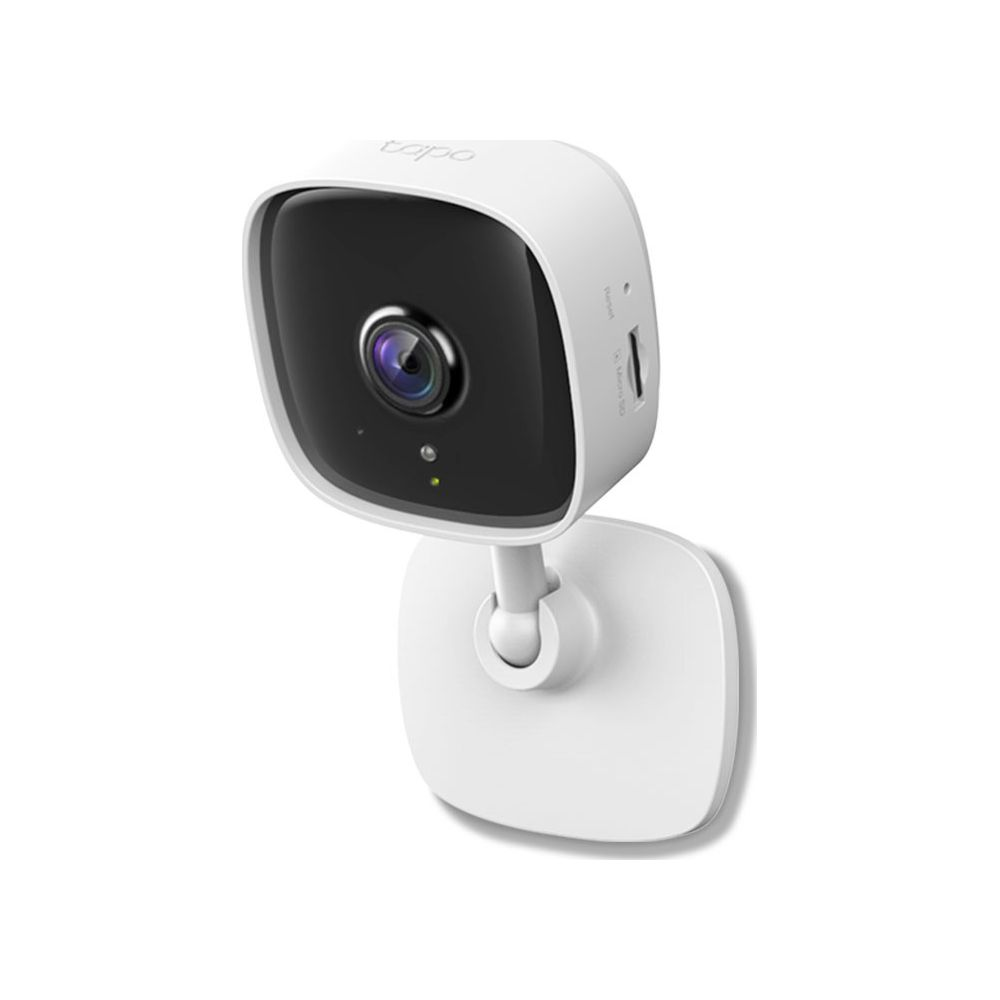 A white Tapo security camera with a black lens and mounting bracket.