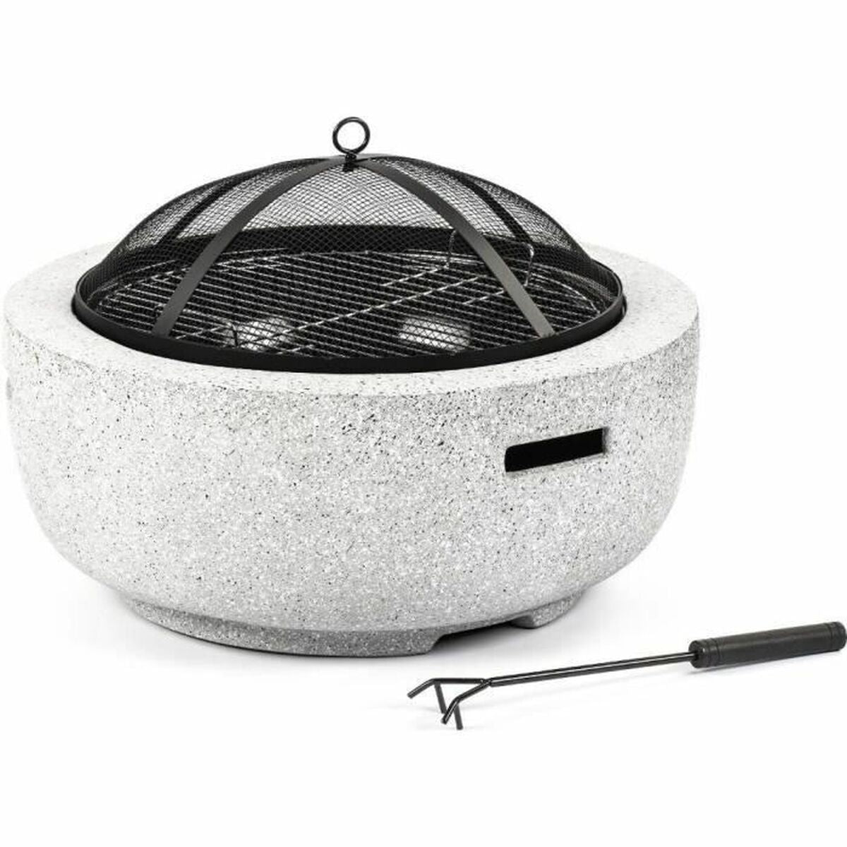 Round concrete fire pit with black grate and mesh lid. A poker tool rests nearby.
