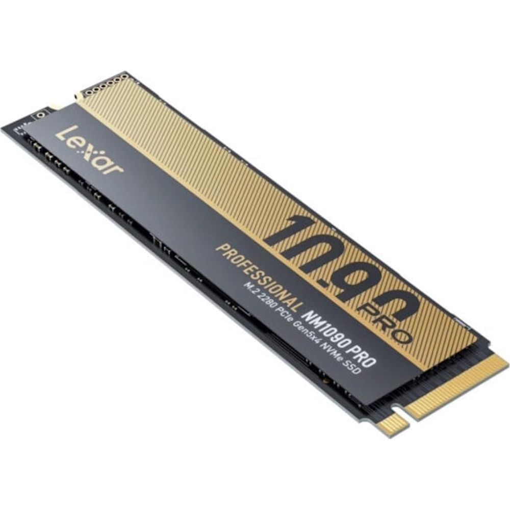 Dysk SSD Lexar NM1090 PRO M.2 2280 NVMe ze złotymi akcentami na czarnym tle.