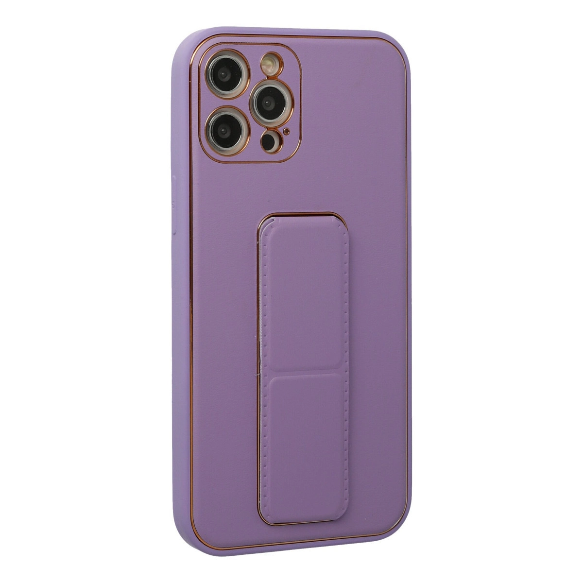 Entegre stantlı ve rose altın renkli kamera lens halkalı mor telefon kılıfı.