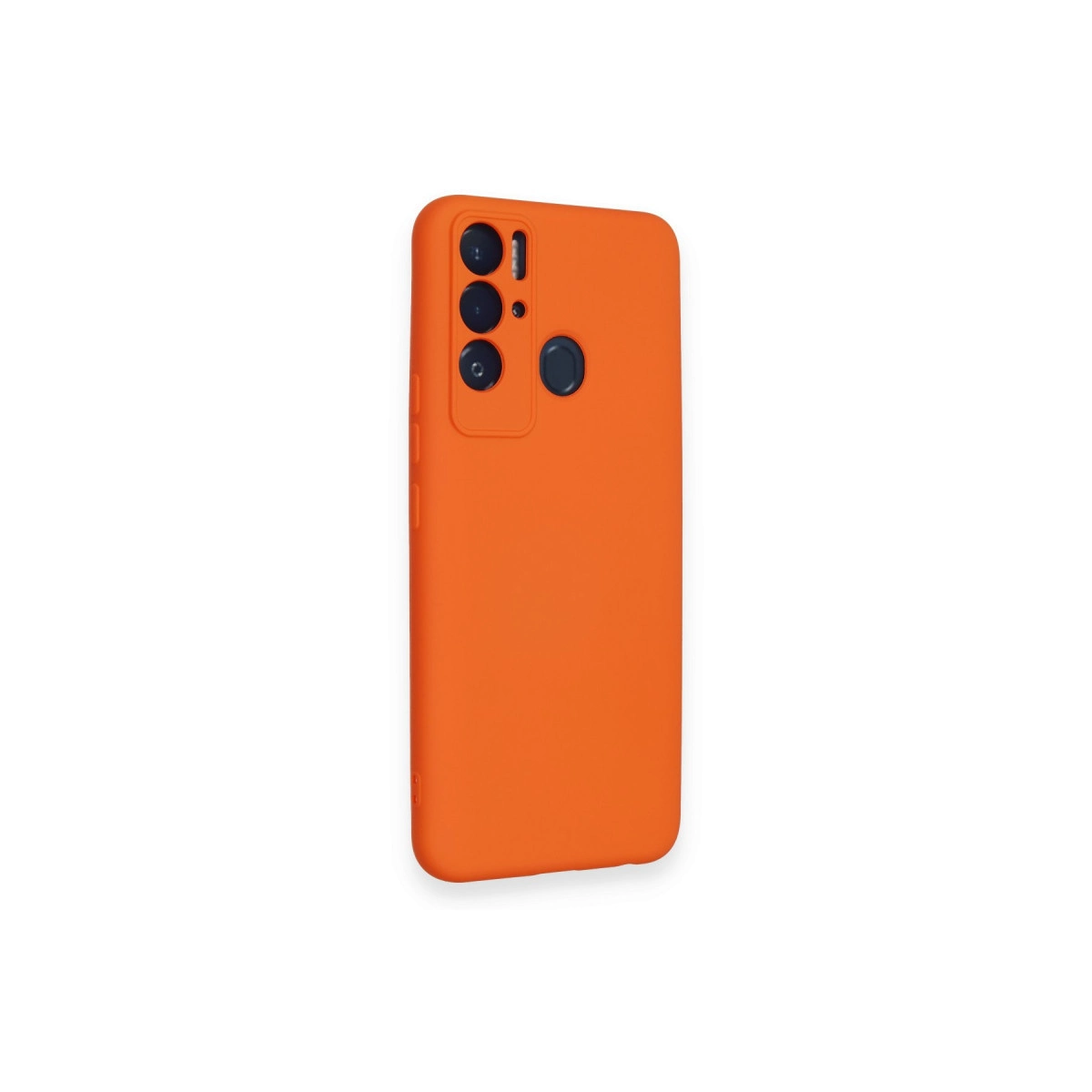 Kamera modülü ve parmak izi sensörlü turuncu telefon kılıfı.