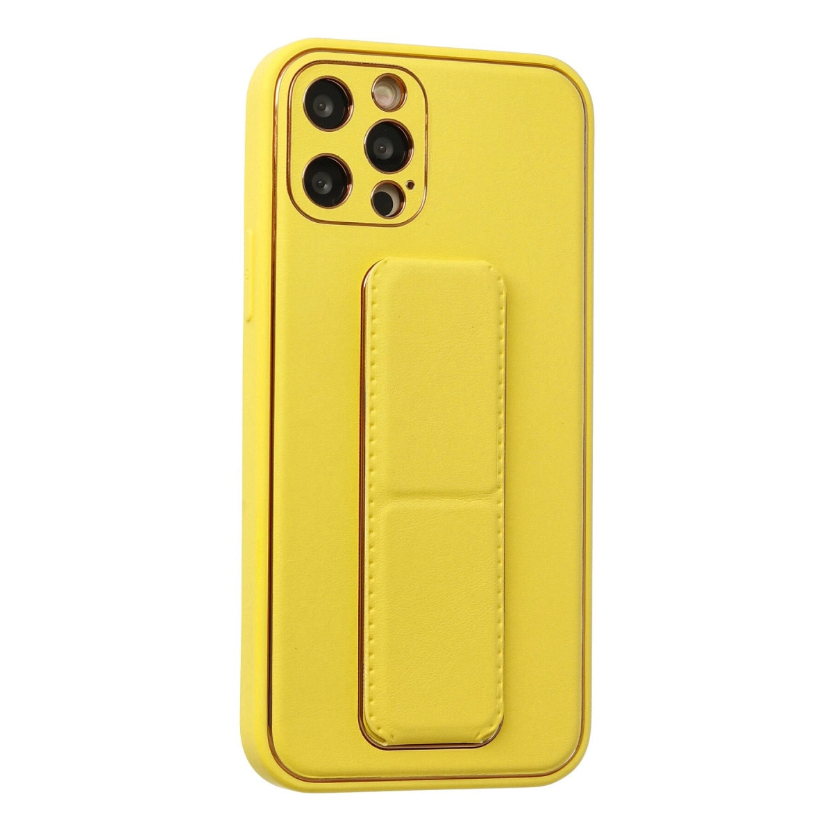 Kamera modülü ve entegre tutma yeri olan sarı telefon kılıfı.
