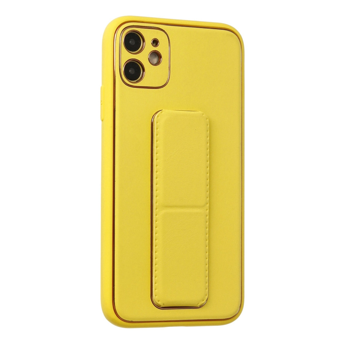 Arkada stantlı sarı telefon kılıfı.