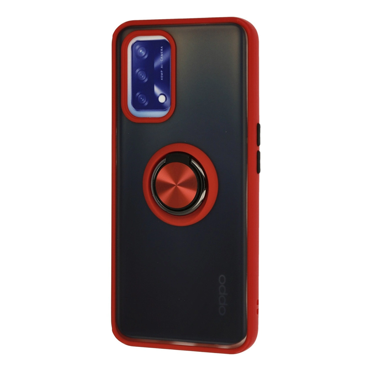 Kırmızı kenarlı, kamera modüllü ve halka tutuculu siyah telefon kılıfı.