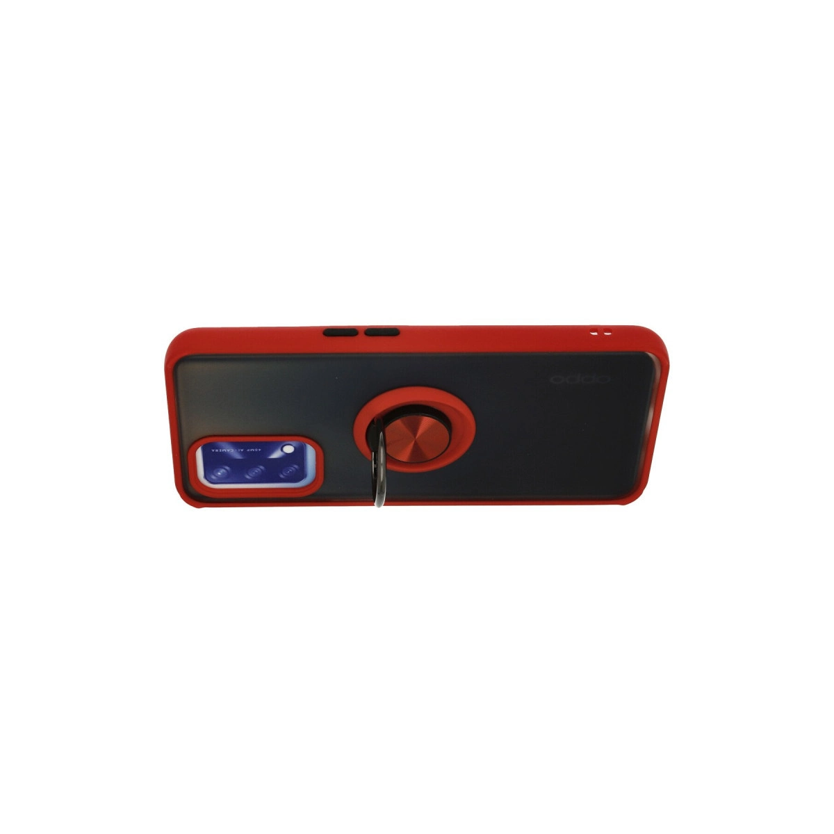 Kamera kesimli, siyah ek parçalı ve halka tutuculu kırmızı telefon kılıfı.