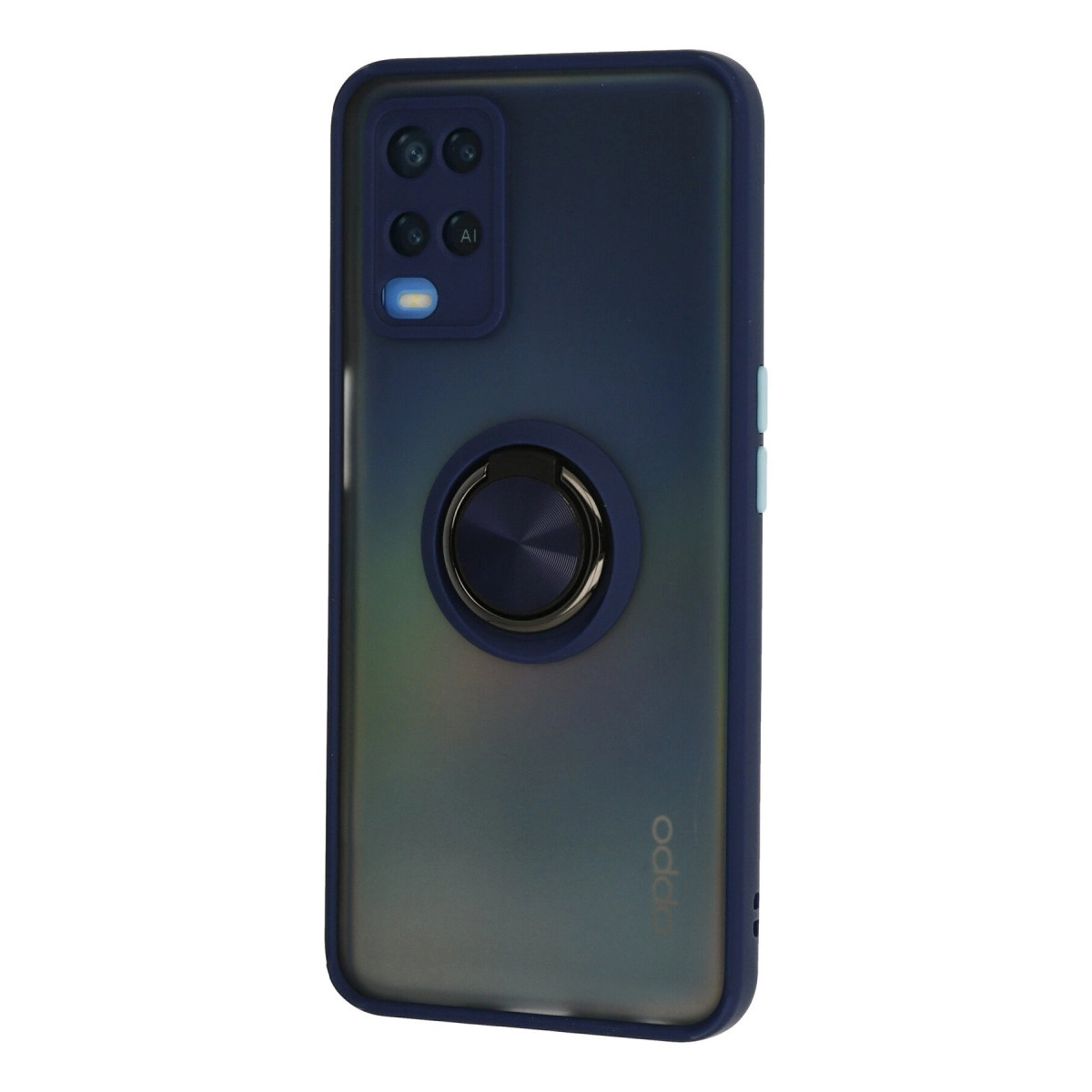Dört kameralı, flaşlı ve halka tutuculu lacivert telefon.