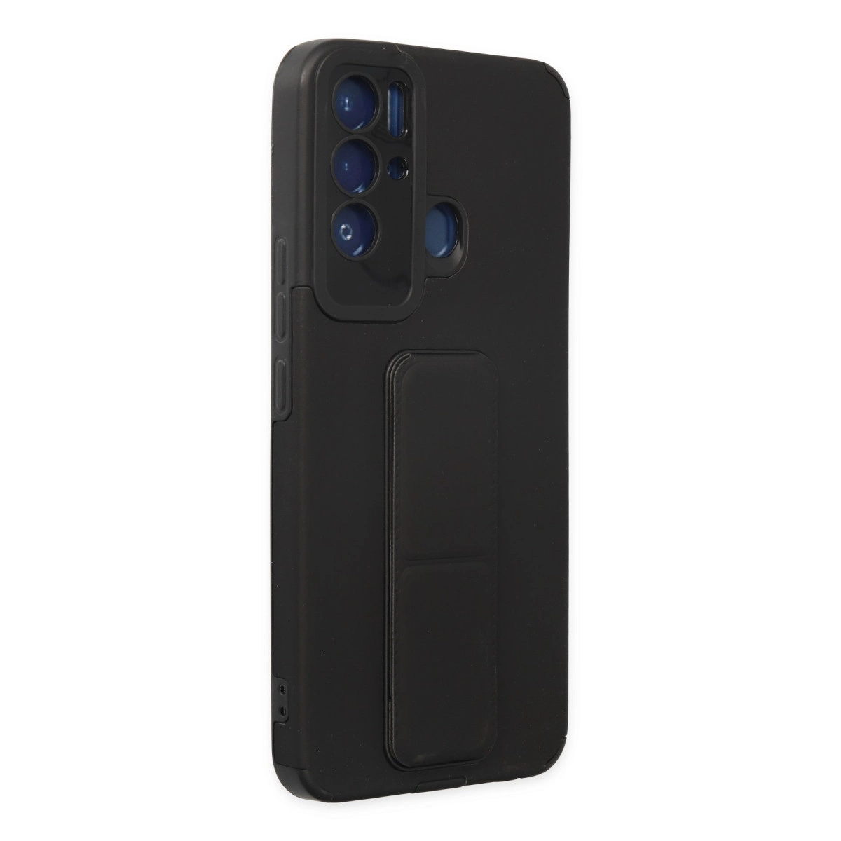 Beyaz arka plan üzerinde kamera modülü ve stantlı siyah telefon kılıfı.