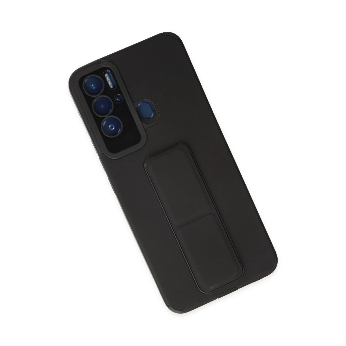 Dört kameralı, parmak izi sensörlü ve arkasında tutma yeri olan siyah telefon.