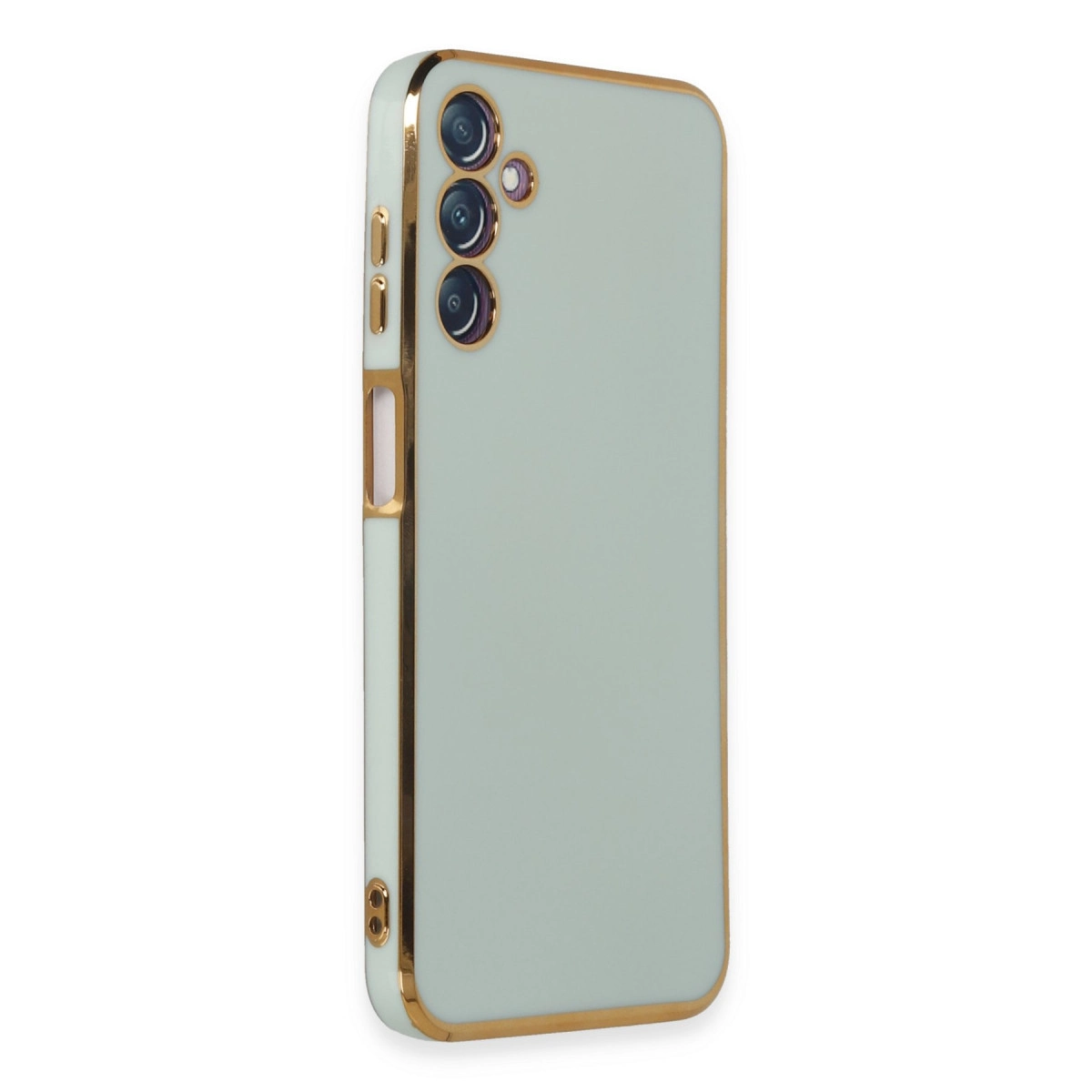 Altın kenarlı ve kamera oyuntulu açık gri telefon kılıfı.