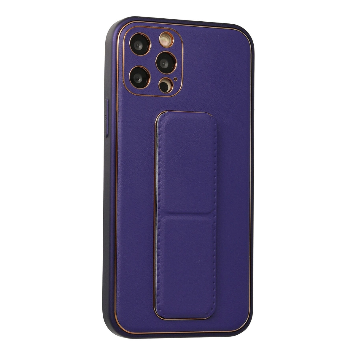 Tutacaklı ve kamera kesimli mor telefon kılıfı, beyaz zeminde.
