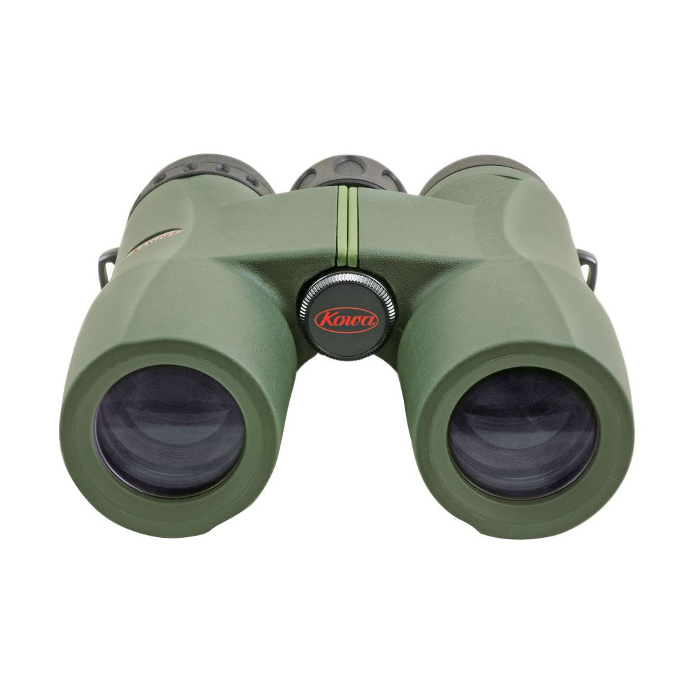 Binocolo Kowa verde con logo rosso sulla cerniera centrale, su sfondo bianco.