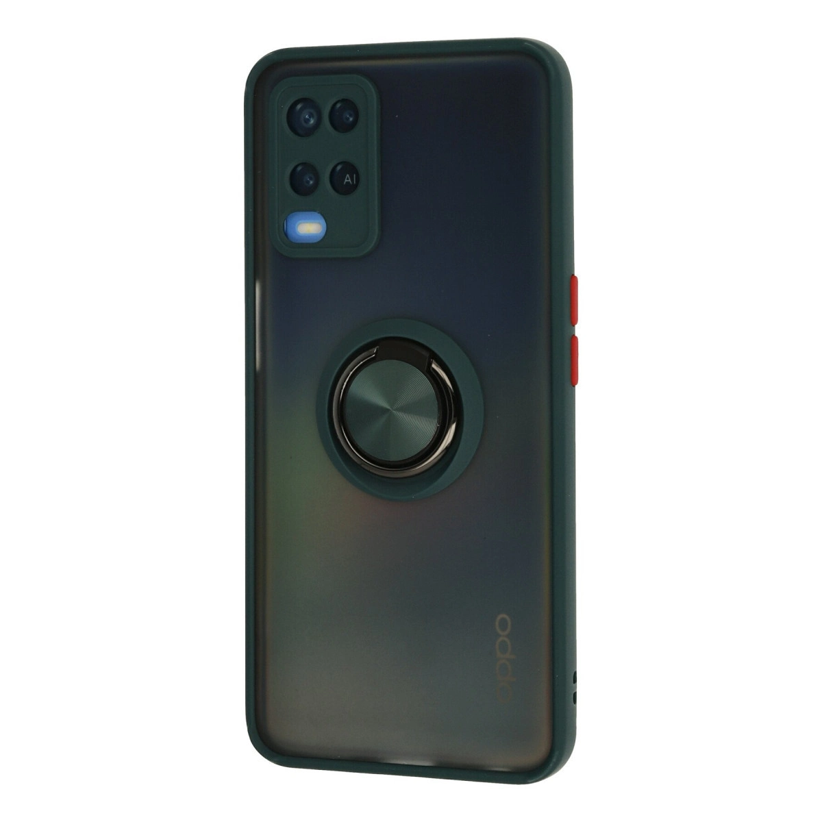 Halka tutuculu koyu yeşil telefon kılıfı, beyaz arka planda OPPO logosu.