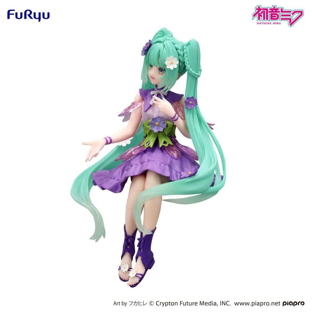 Figurine Hatsune Miku en robe violette aux cheveux verts, ornée de fleurs.
