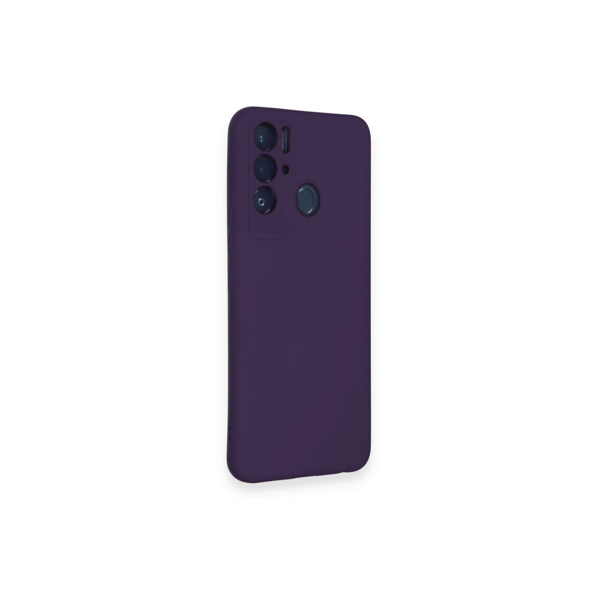 Üçlü kamera ve parmak izi sensörlü koyu mor telefon kılıfı.