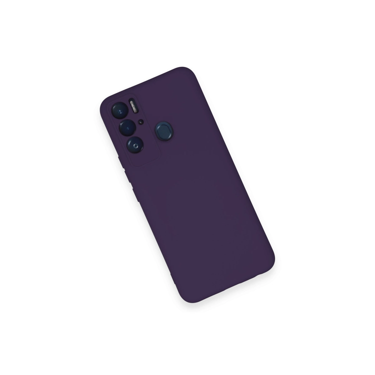 Kamera modülü ve parmak izi sensörlü koyu mor telefon kılıfı.