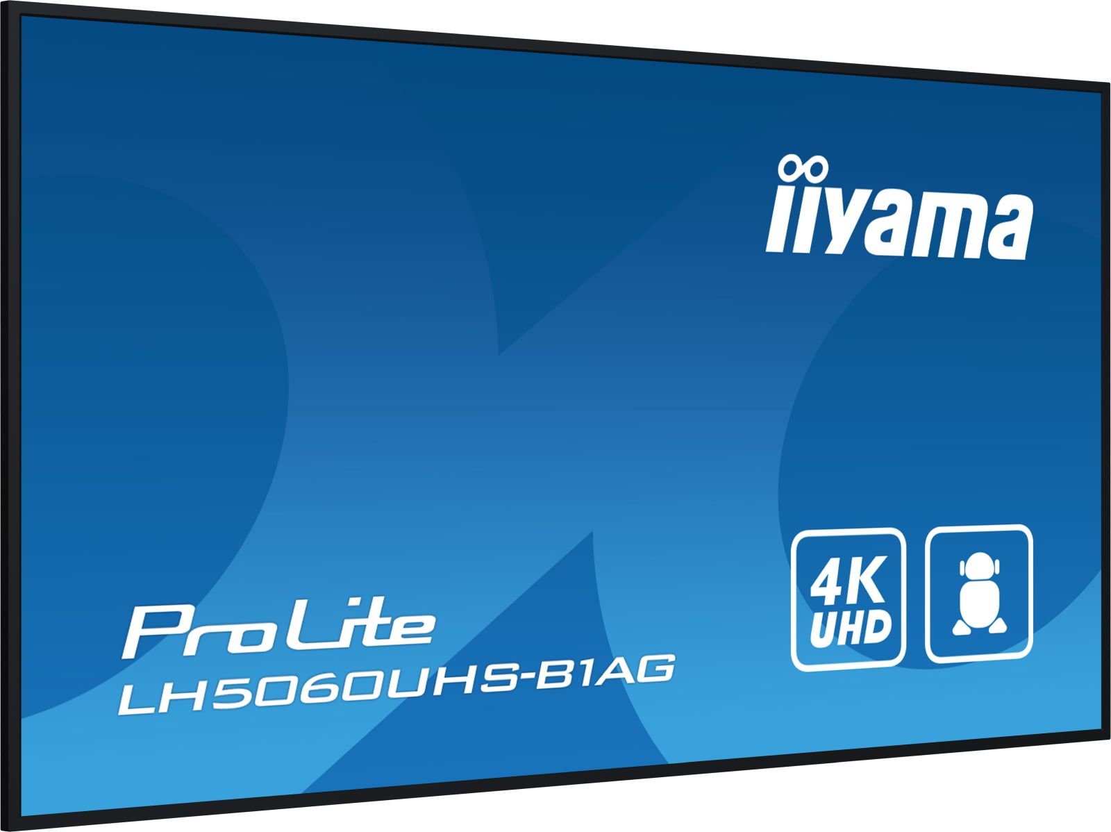 An Iiyama ProLite LH5060UHS-B1AG monitor displaying 4K UHD logo and an icon.