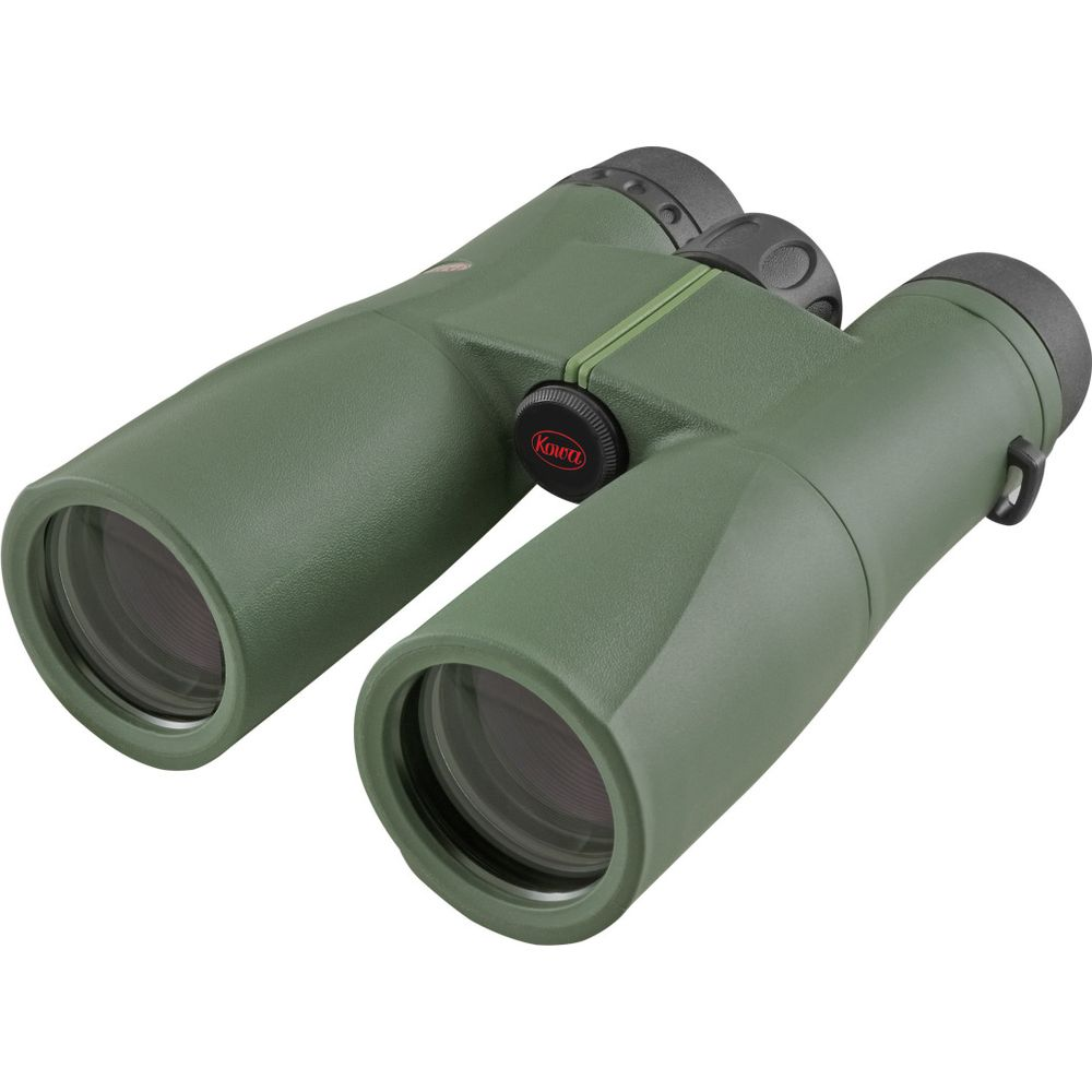 Binocolo verde con ghiera di messa a fuoco e logo Kowa su sfondo bianco.