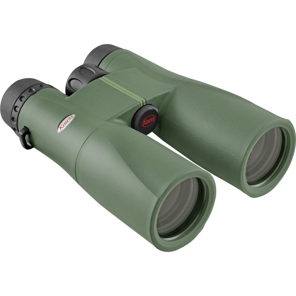 Binocolo Kowa verde con ghiera di messa a fuoco nera e copriobiettivi.