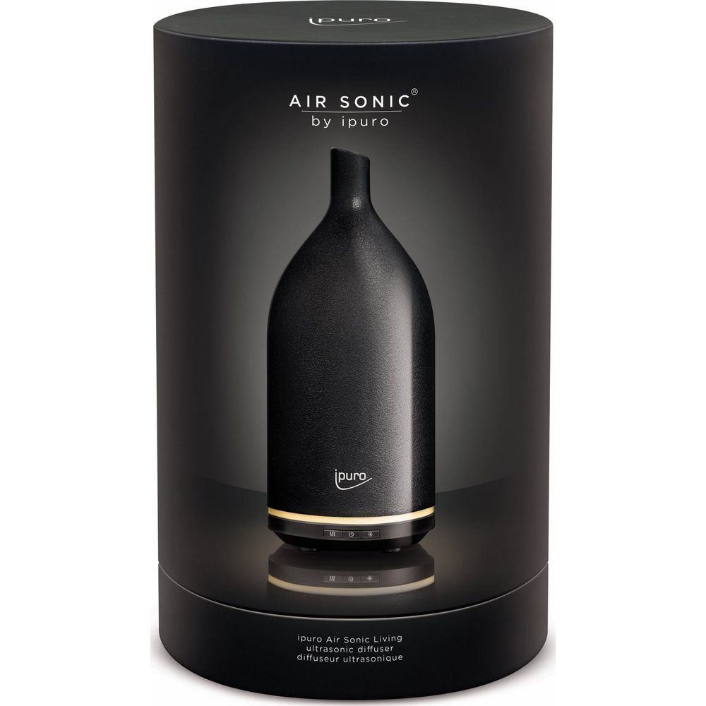 Diffusore nero ipuro Air Sonic Living con illuminazione dorata nella confezione.