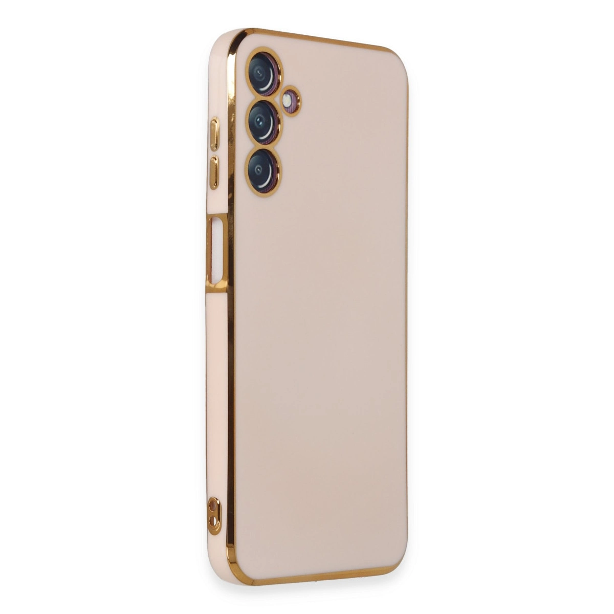 Altın çerçeveli, açık pembe telefon kılıfı, üstte üç kamera lensi.