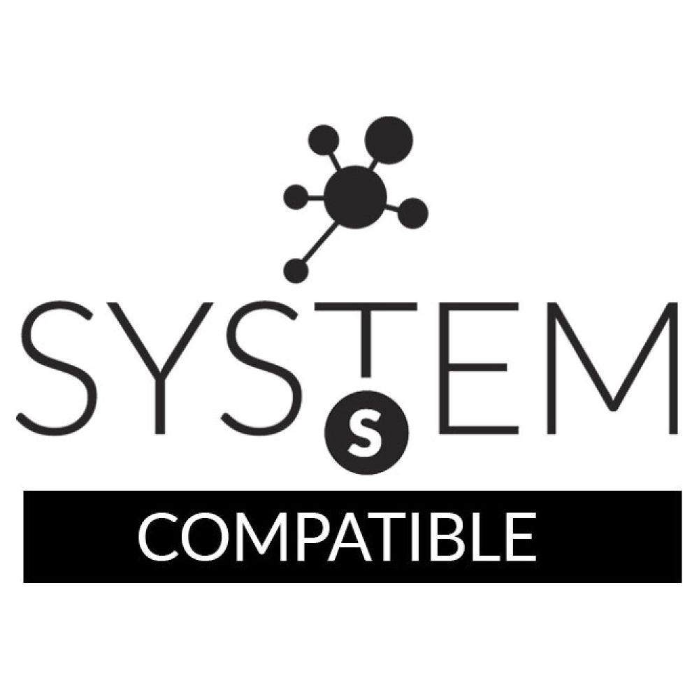 Logo con 'SYSTEM S COMPATIBLE' e un'icona molecolare.