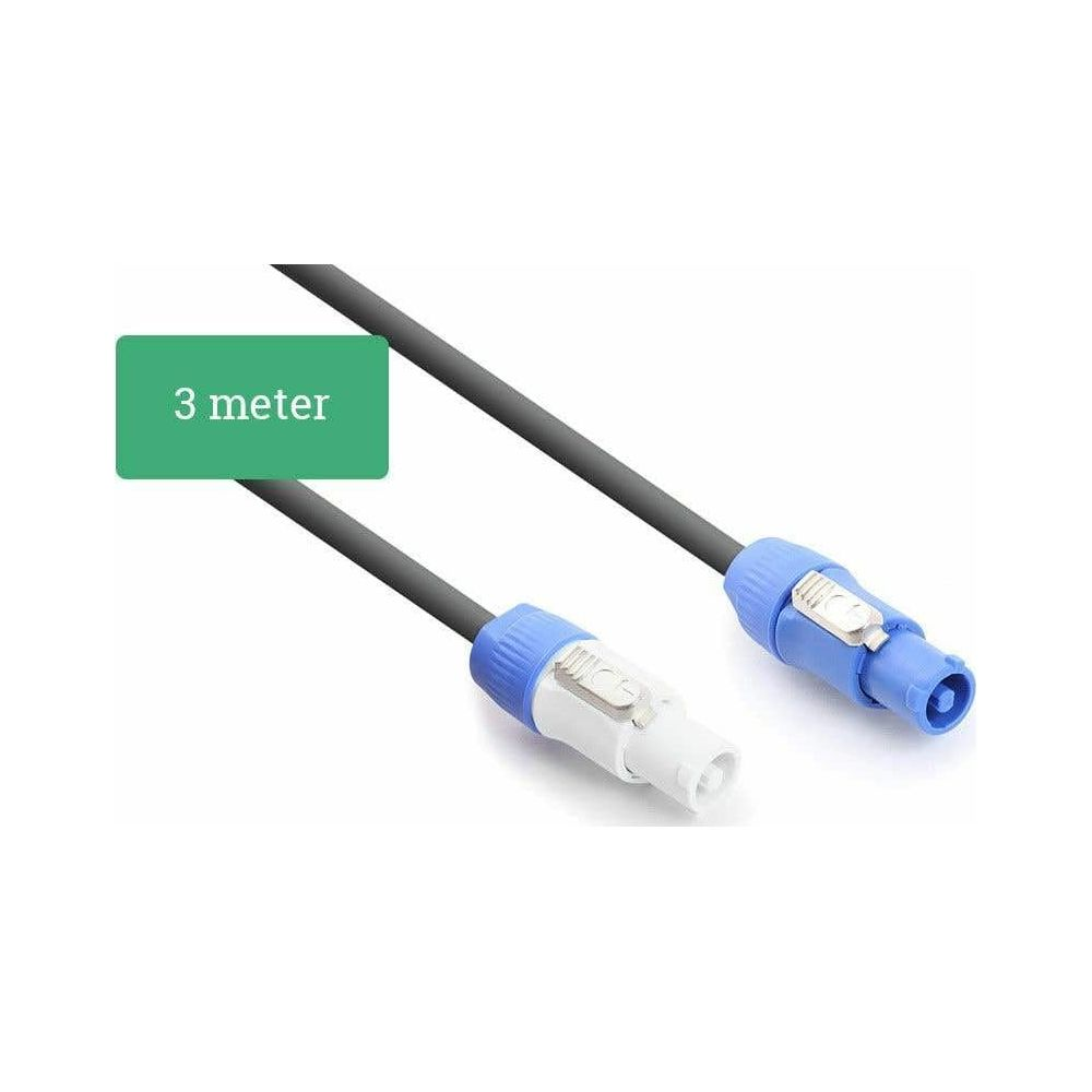 Un cable de 3 metros con conectores azul y blanco sobre fondo blanco.