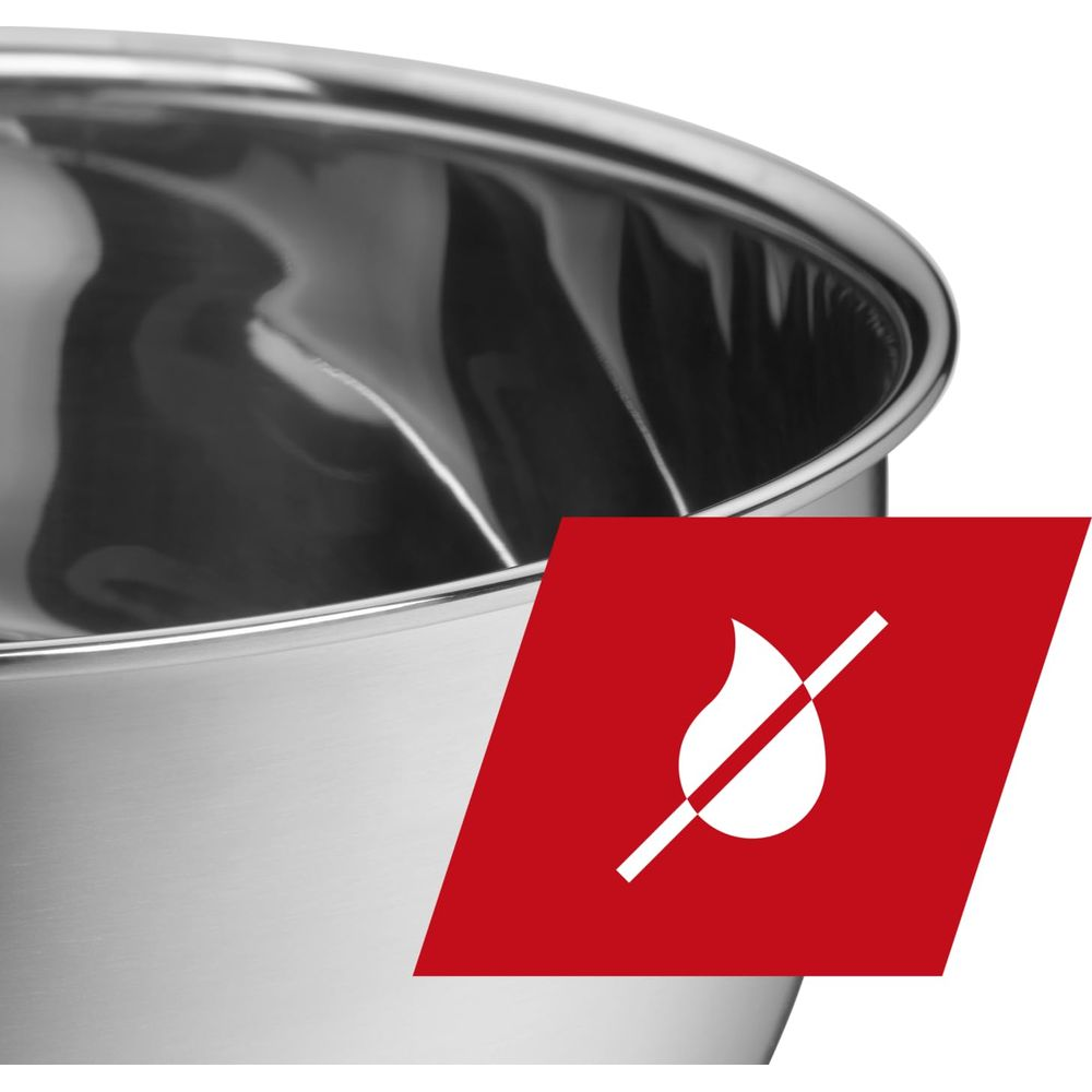 Edelstahltopf mit Flammenverbot-Symbol auf rotem Feld.