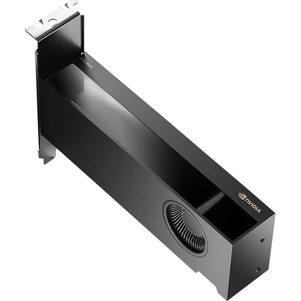 Tarjeta gráfica Nvidia RTX 2000 negra con ventilador y logo Nvidia.