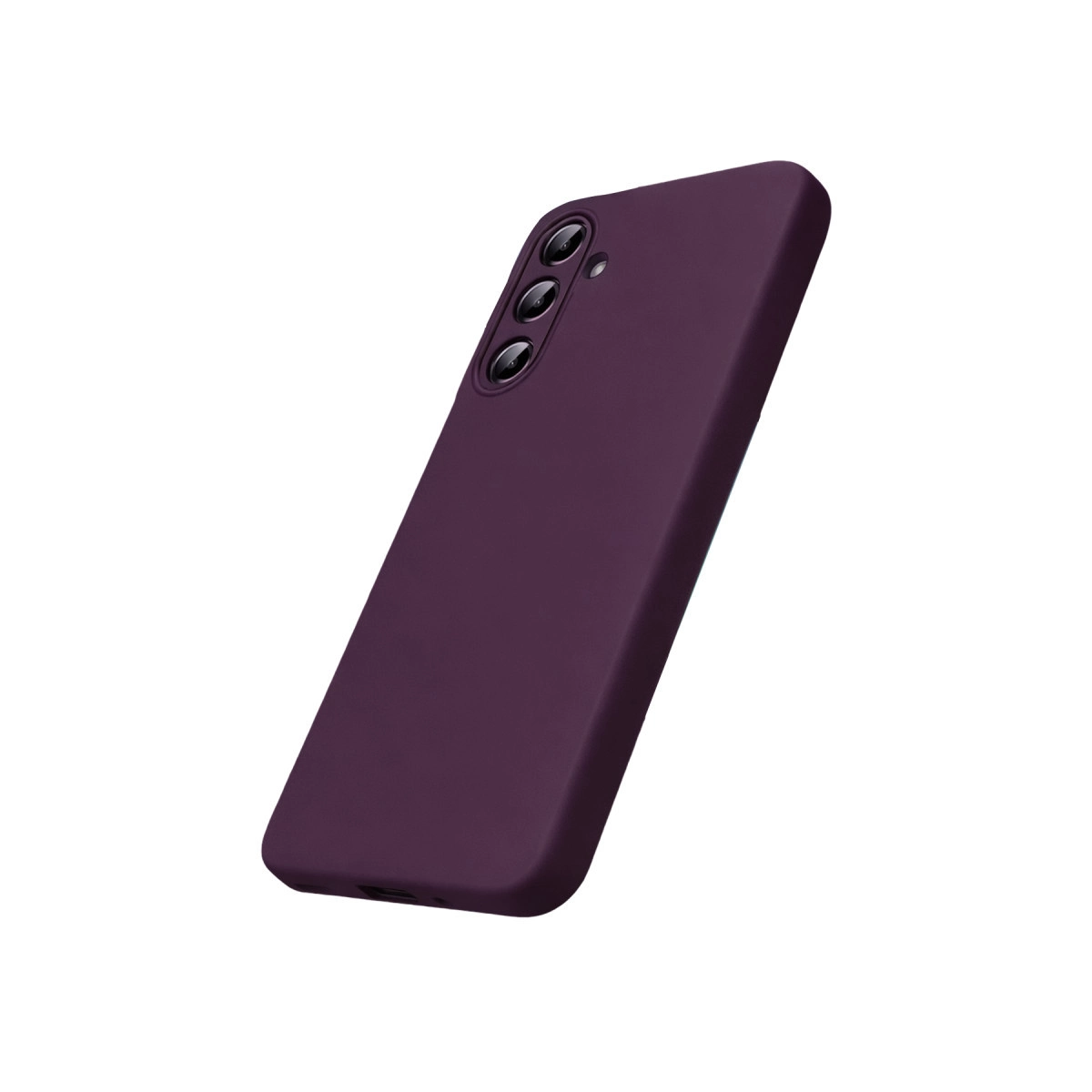 Arkada üç kamera lensli mor bir akıllı telefon.
