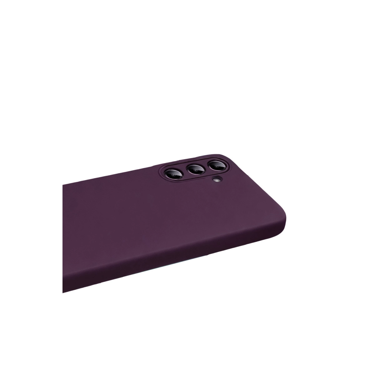 Üç kamera lensli ve flaşlı koyu mor telefon kılıfı.