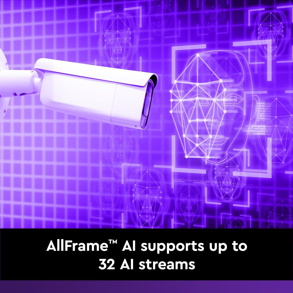 Une caméra de surveillance blanche sur fond violet avec des graphiques de reconnaissance faciale.