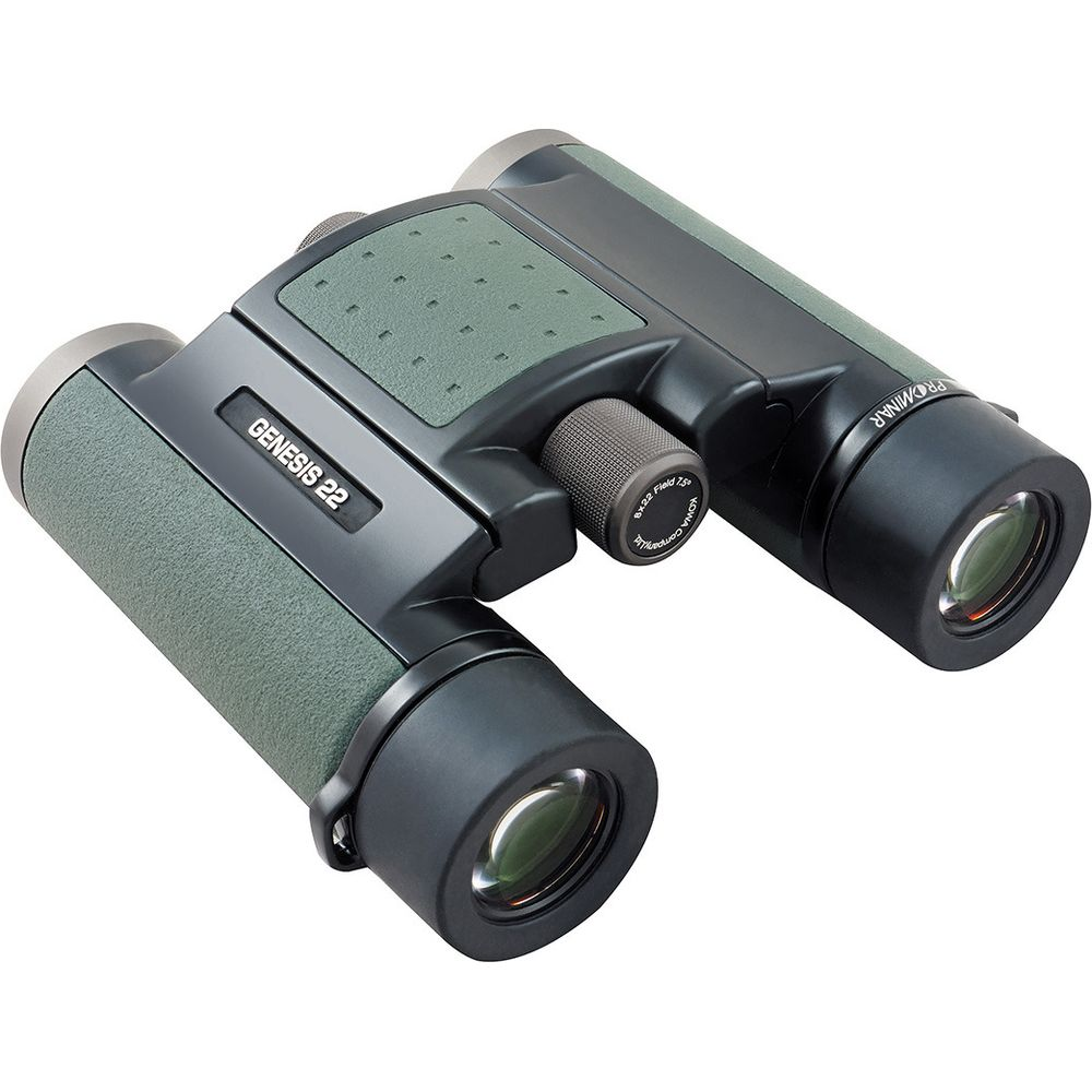 Binocolo verde e nero con etichetta 'GENESIS 22', su sfondo bianco.