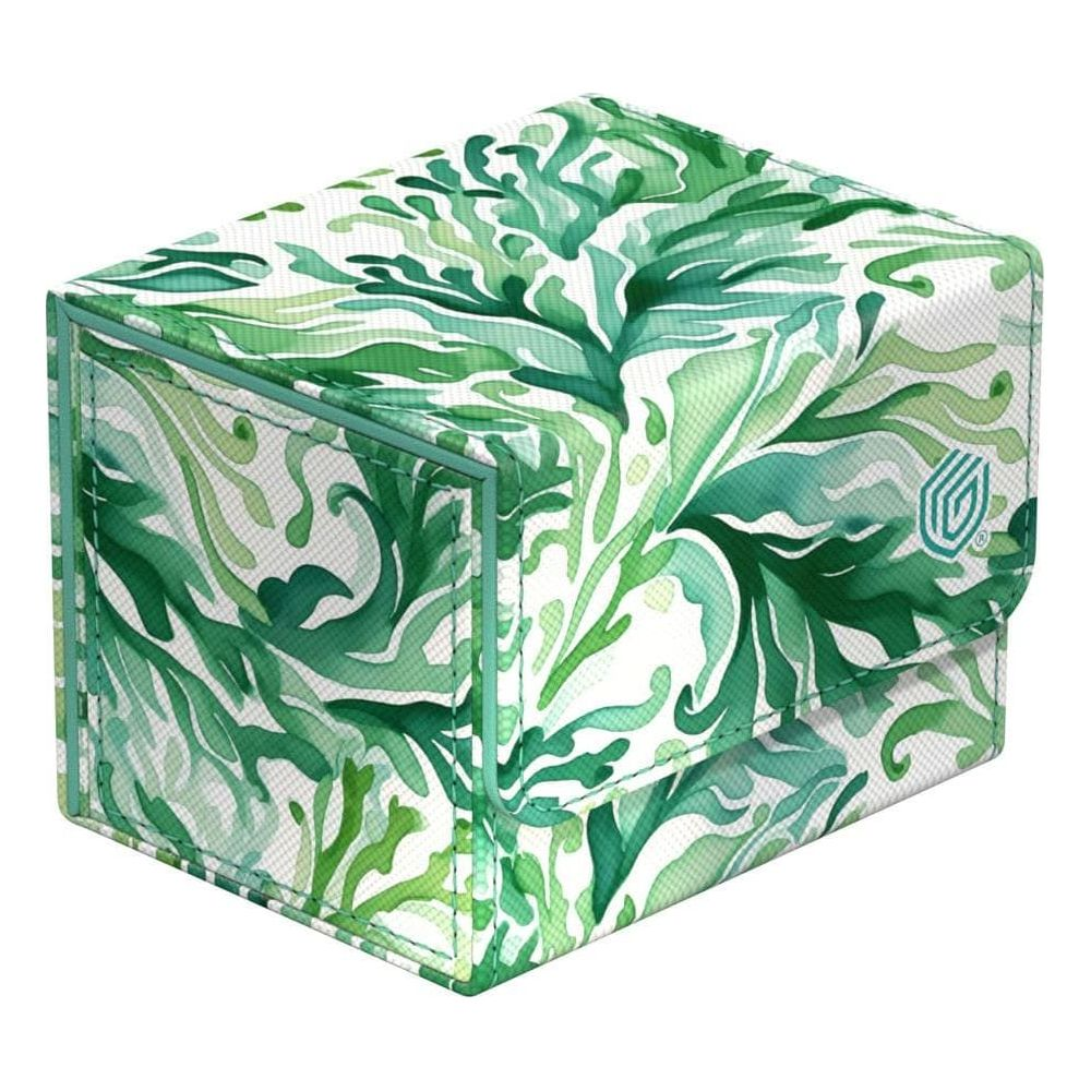 Un contenitore per mazzi di carte verde con motivo a foglie e logo.