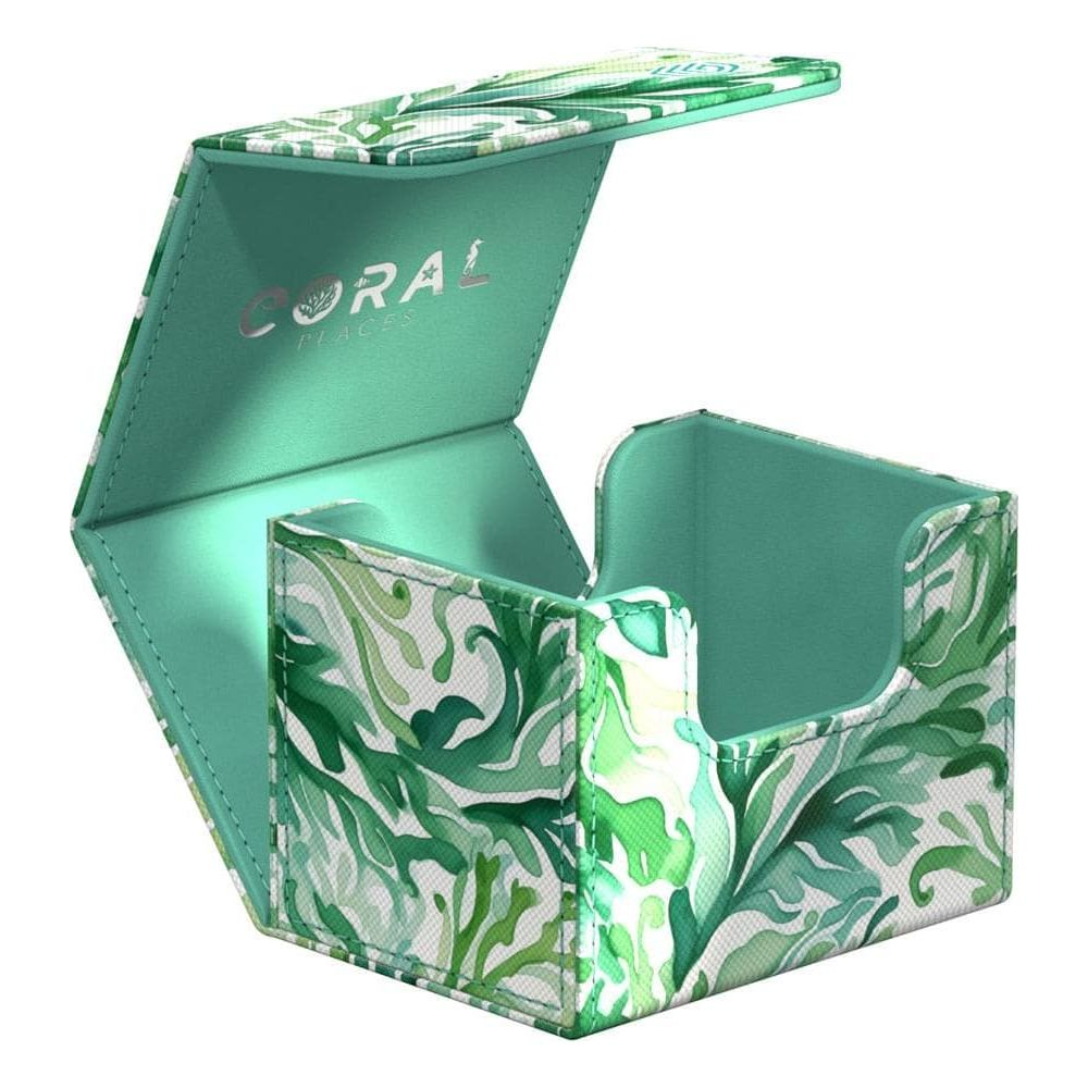 Scatola per mazzo di carte verde con motivo a foglie e coperchio aperto. Interno verde.