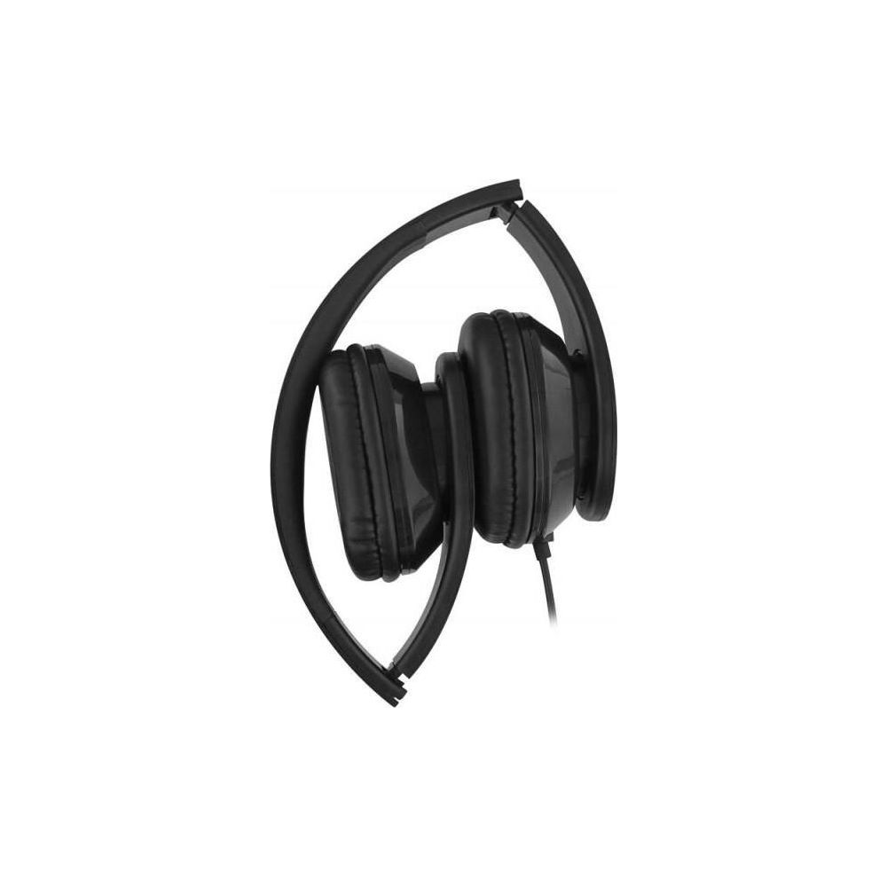 Casque noir pliable avec câble, sur fond blanc.