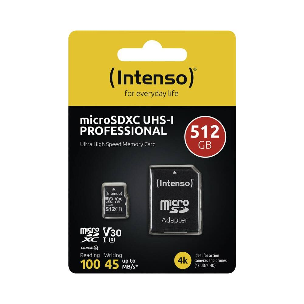 Intenso 512GB microSDXC UHS-I Professional Karte mit Adapter. Bis zu 100MB/s Lesegeschwindigkeit.