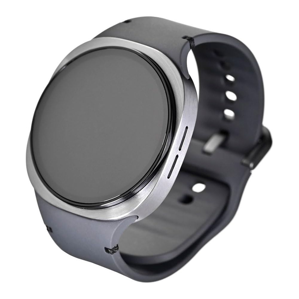 Een grijze smartwatch met zilveren rand en donker scherm.