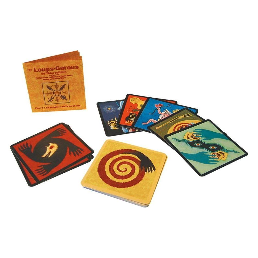 Spielkarten mit Illustrationen: Wolf, Spiralen, Hände, Figuren.