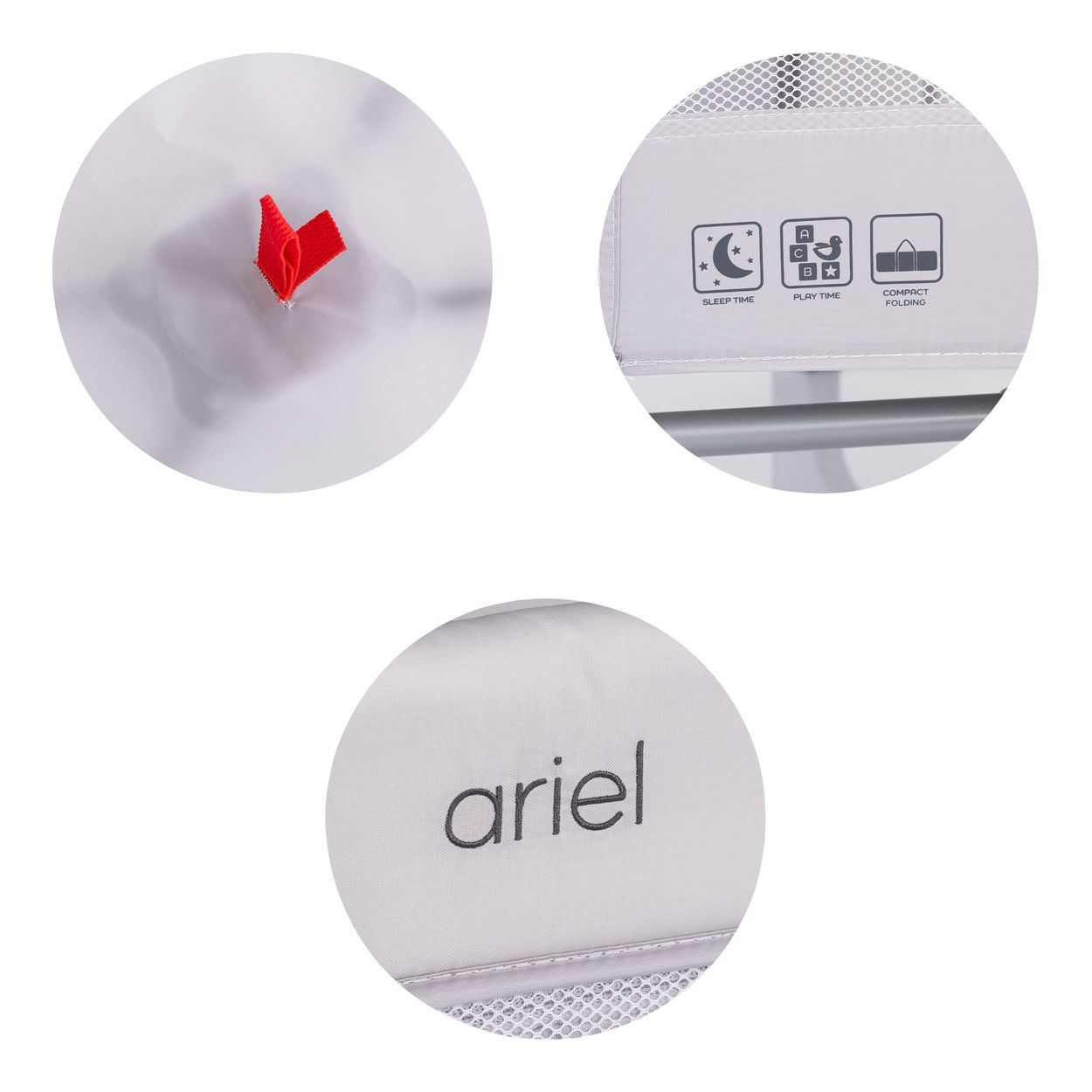 Nahaufnahme eines hellgrauen Stoffes mit"Ariel"-Logo, roten Faden und Schlaf-/Spiel-/Falt-Symbolen.