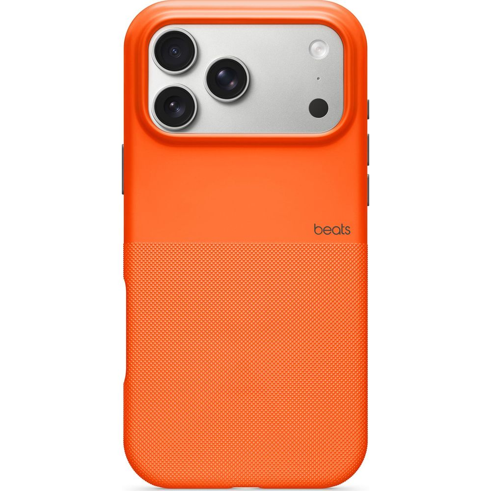 Pomarańczowe etui na telefon z teksturowaną dolną częścią i logo Beats.