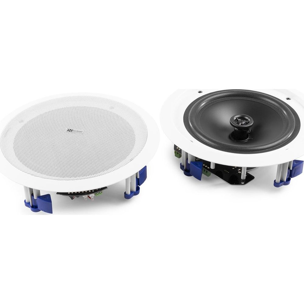 Dos altavoces blancos de techo con abrazaderas azules y tecnología visible.