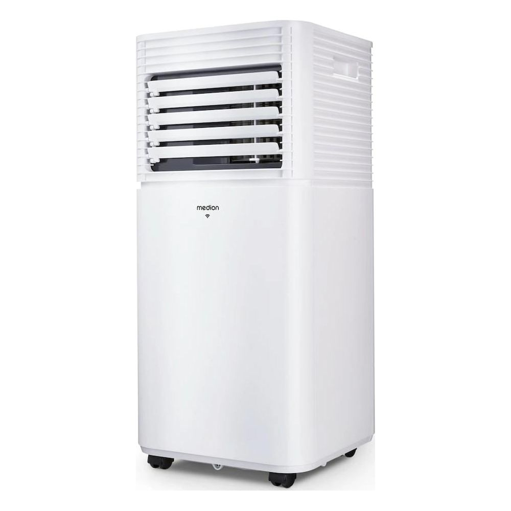 A white Medion air conditioner tower on wheels with horizontal slats at the top.