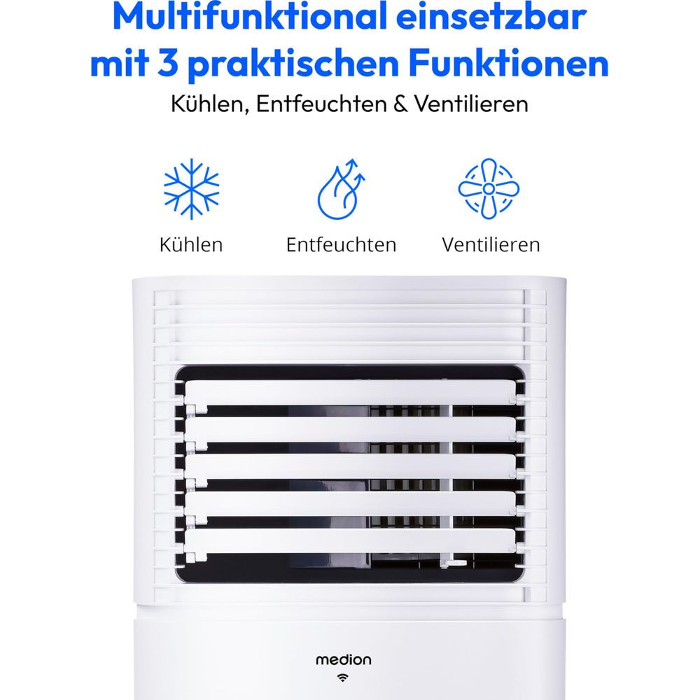 A white device with three icons: snowflake, water drop, fan. It cools, dehumidifies & ventilates.